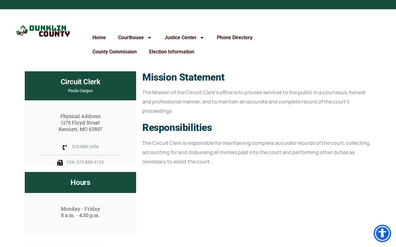 Dunklin County Circuit Clerk criminal court case hours and contact details