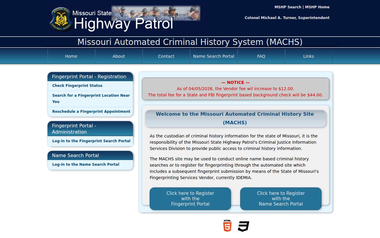 Dunklin County criminal history choices on the Missouri MACHS portal
