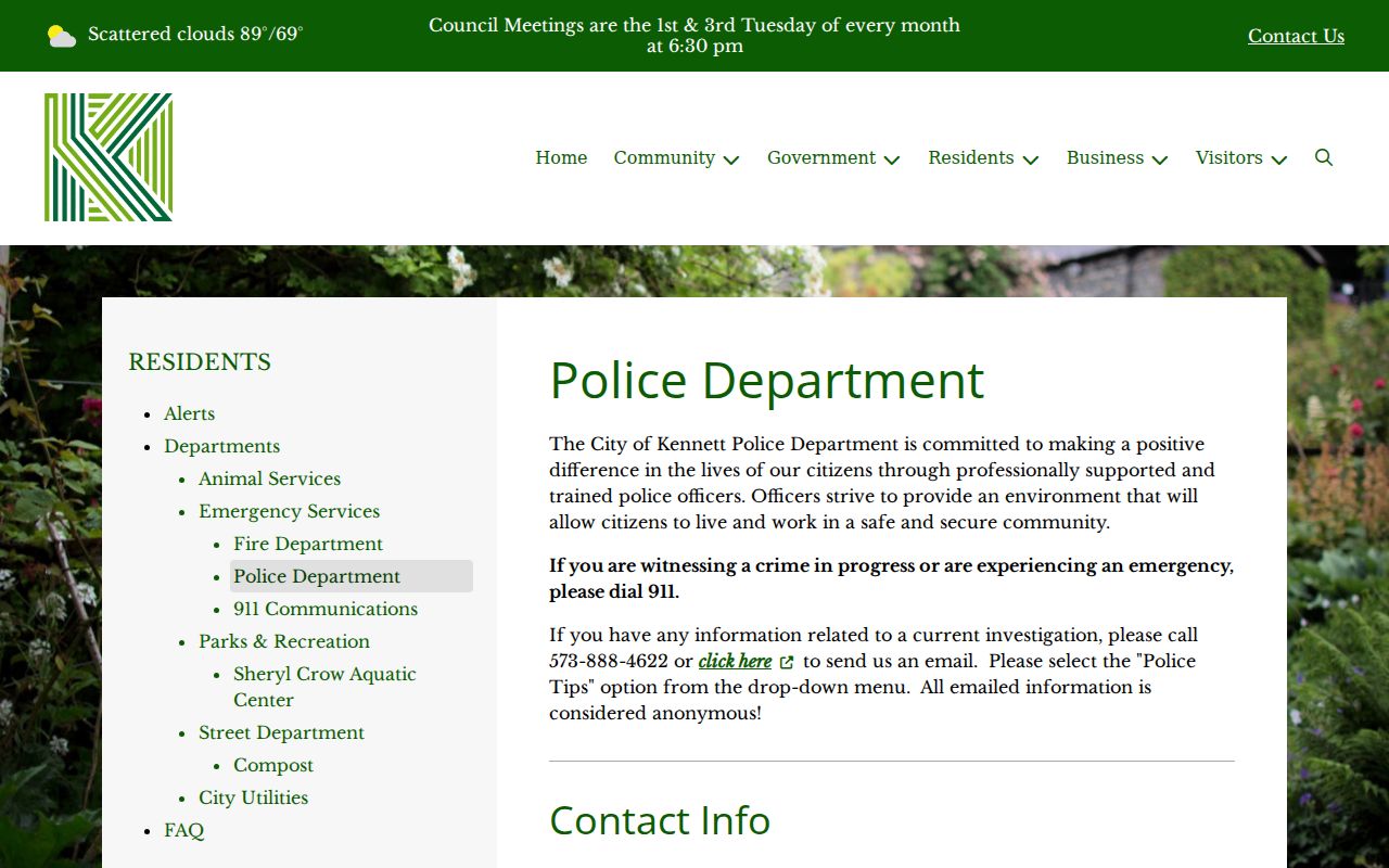 Kennett criminal records contact page for the Kennett Police Department